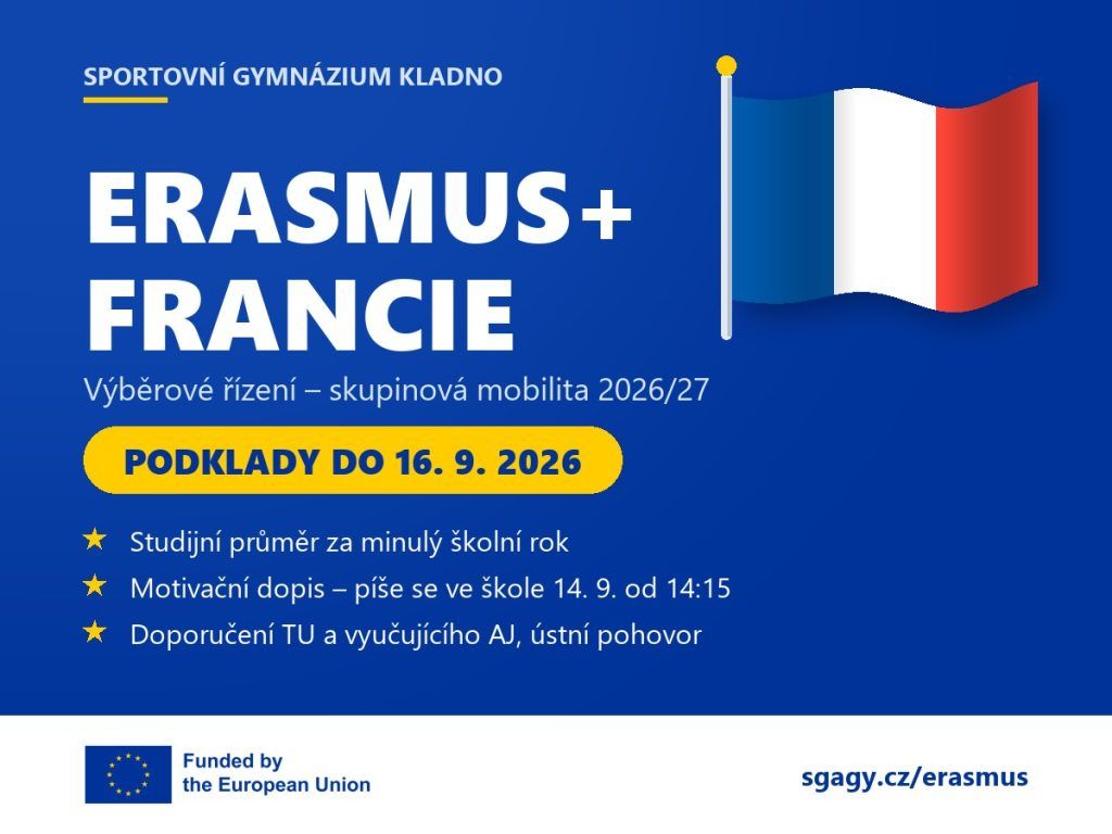 Erasmus+ Francie – výběrové řízení na skupinovou mobilitu 2026/27, podklady do 16. 9. 2026. Vlající francouzská vlajka.