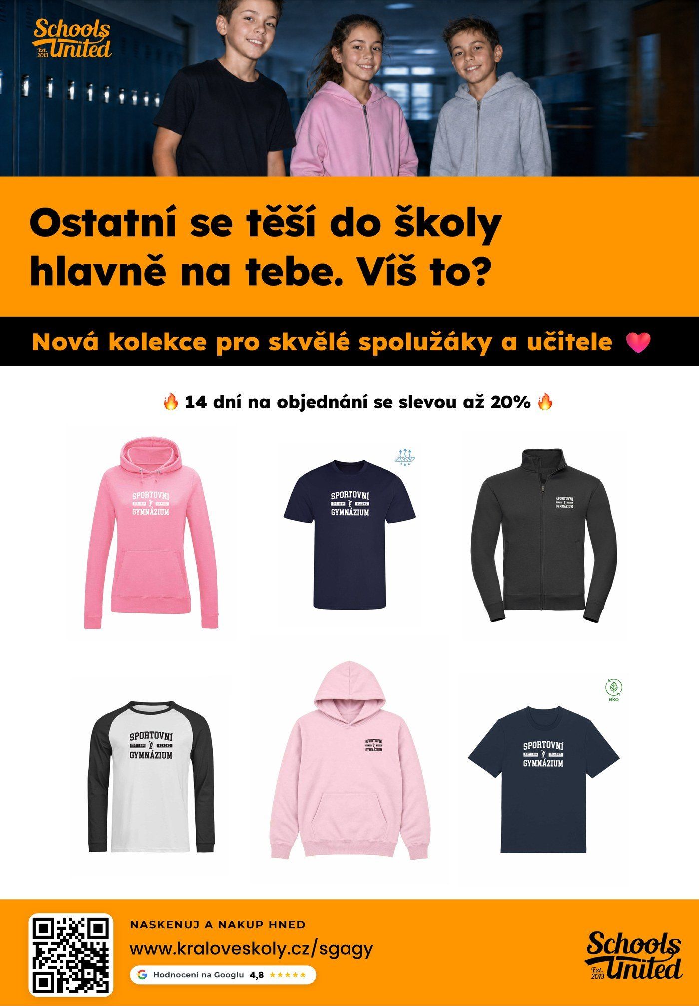 Plakát školního e-shopu: nová kolekce Podzim/Zima od Schools United s potiskem Sportovního gymnázia, sleva až 20 % po dobu 14 dní, kraloveskoly.cz/sgagy