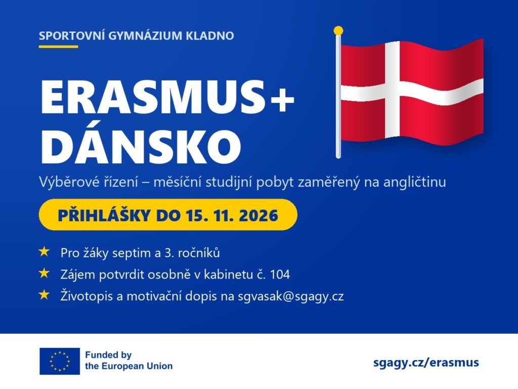 Erasmus+ Dánsko – výběrové řízení, přihlášky do 15. 11. 2026, dánská vlajka