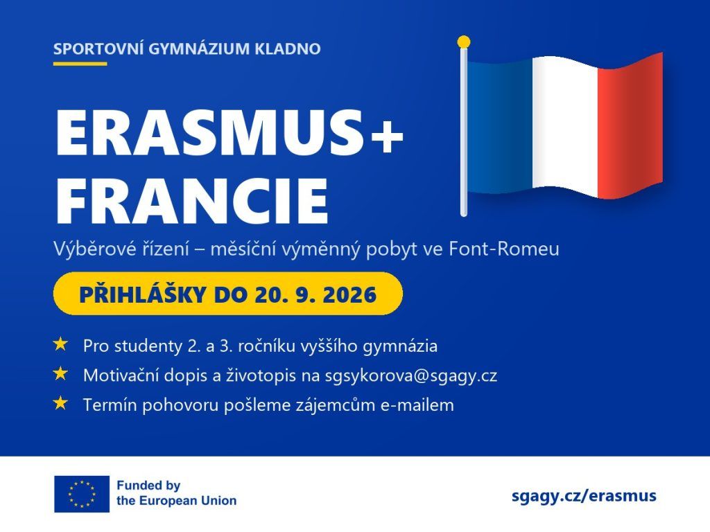 Erasmus+ Francie – výběrové řízení na měsíční výměnný pobyt ve Font-Romeu, přihlášky do 20. 9. 2026. Vlající francouzská vlajka.