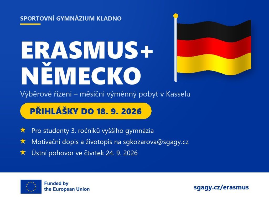 Erasmus+ Německo – výběrové řízení na měsíční výměnný pobyt v Kasselu, přihlášky do 18. 9. 2026. Vlající německá vlajka.